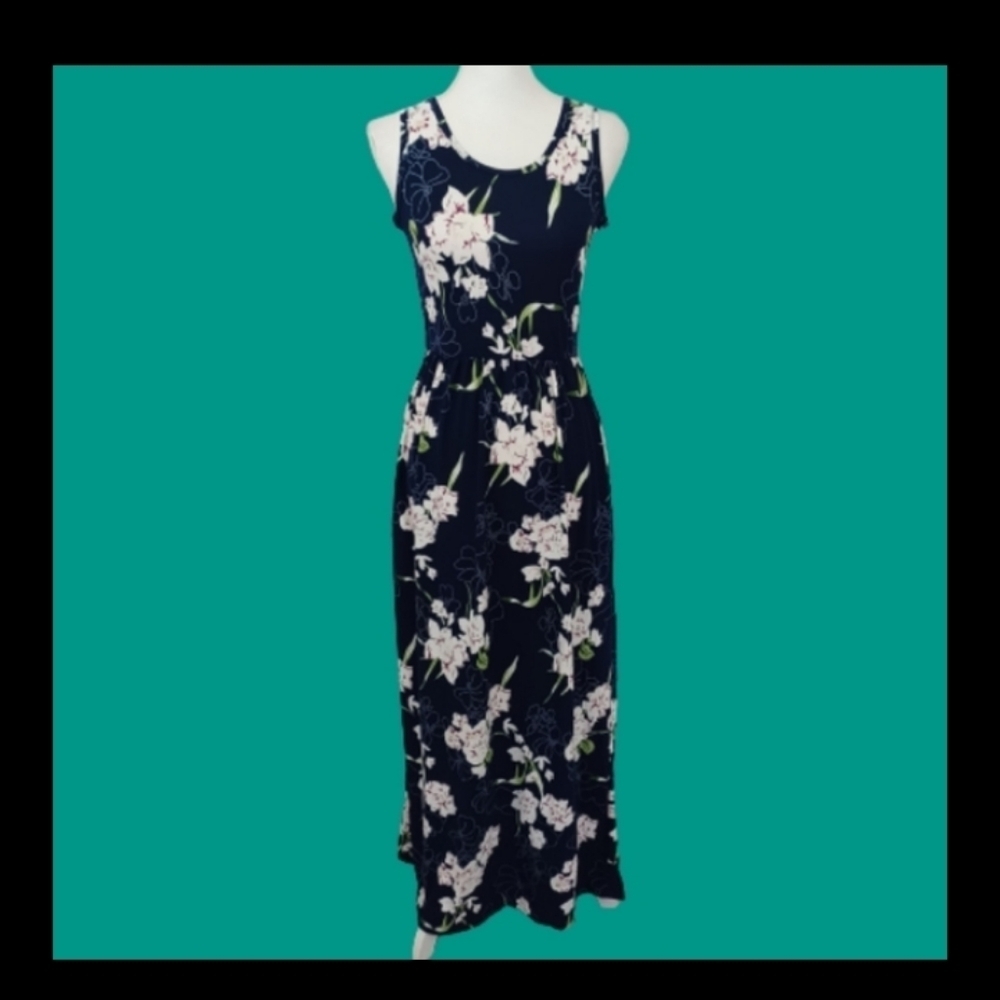 AUSELILY Blue Navy Garden Floral Maxi Soft Stretchy Modest Pocket Summer Dress - Picture 6 of 15
